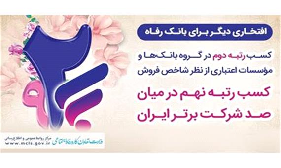 بانک رفاه کارگران رتبه دوم در بین بانک‌ها و نهم در بین صد شرکت برتر ایران را کسب کرد