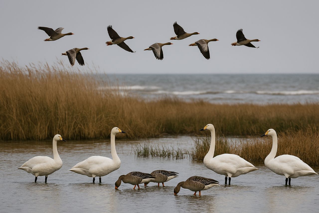 ورود نخستین گروه قو‌ها و غاز‌های مهاجر به پارک ملی بوجاق